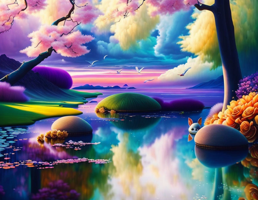 Colorful Fantasy Landscape with Reflective Lake and Whimsical Creature