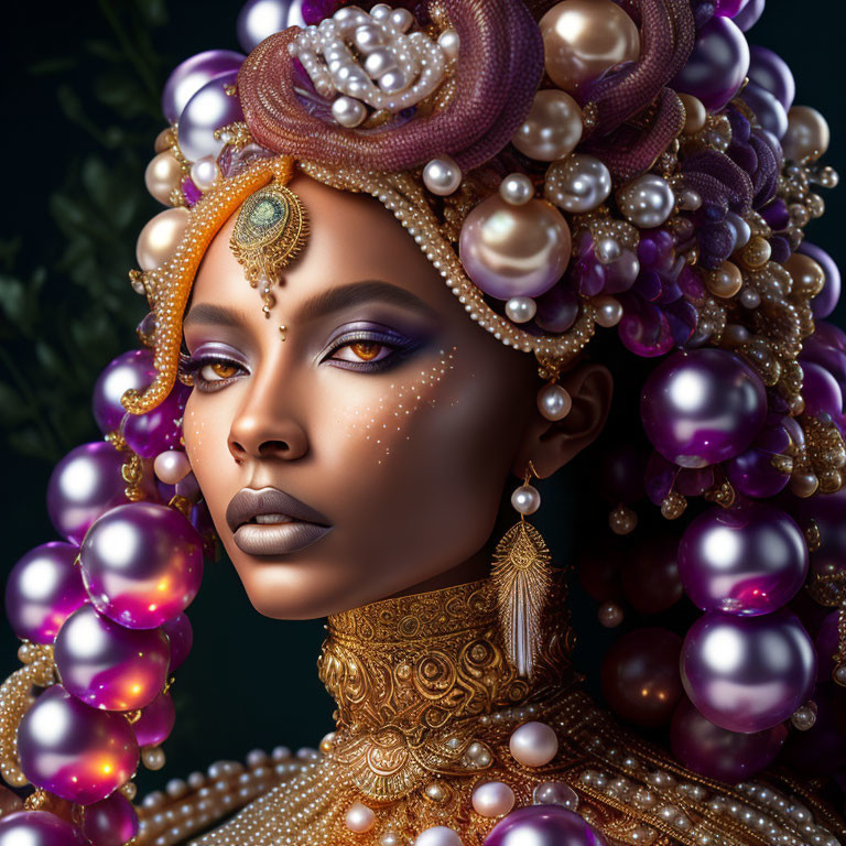 Detailed digital art: Woman in pearl headdress with purple hues