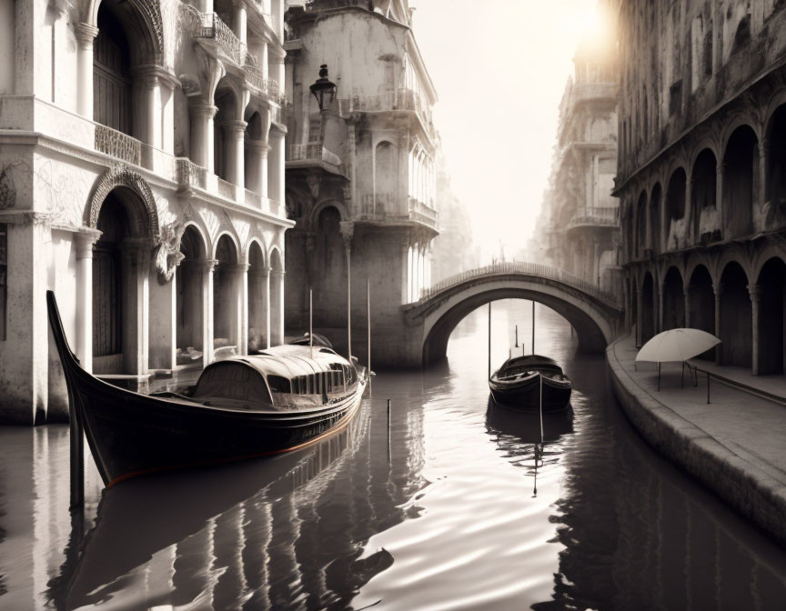 Gothic architecture and bridge in Venice canal scene.