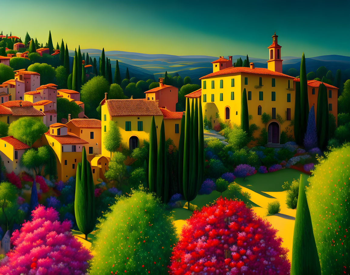 Vibrant village landscape with lush trees and sunset sky