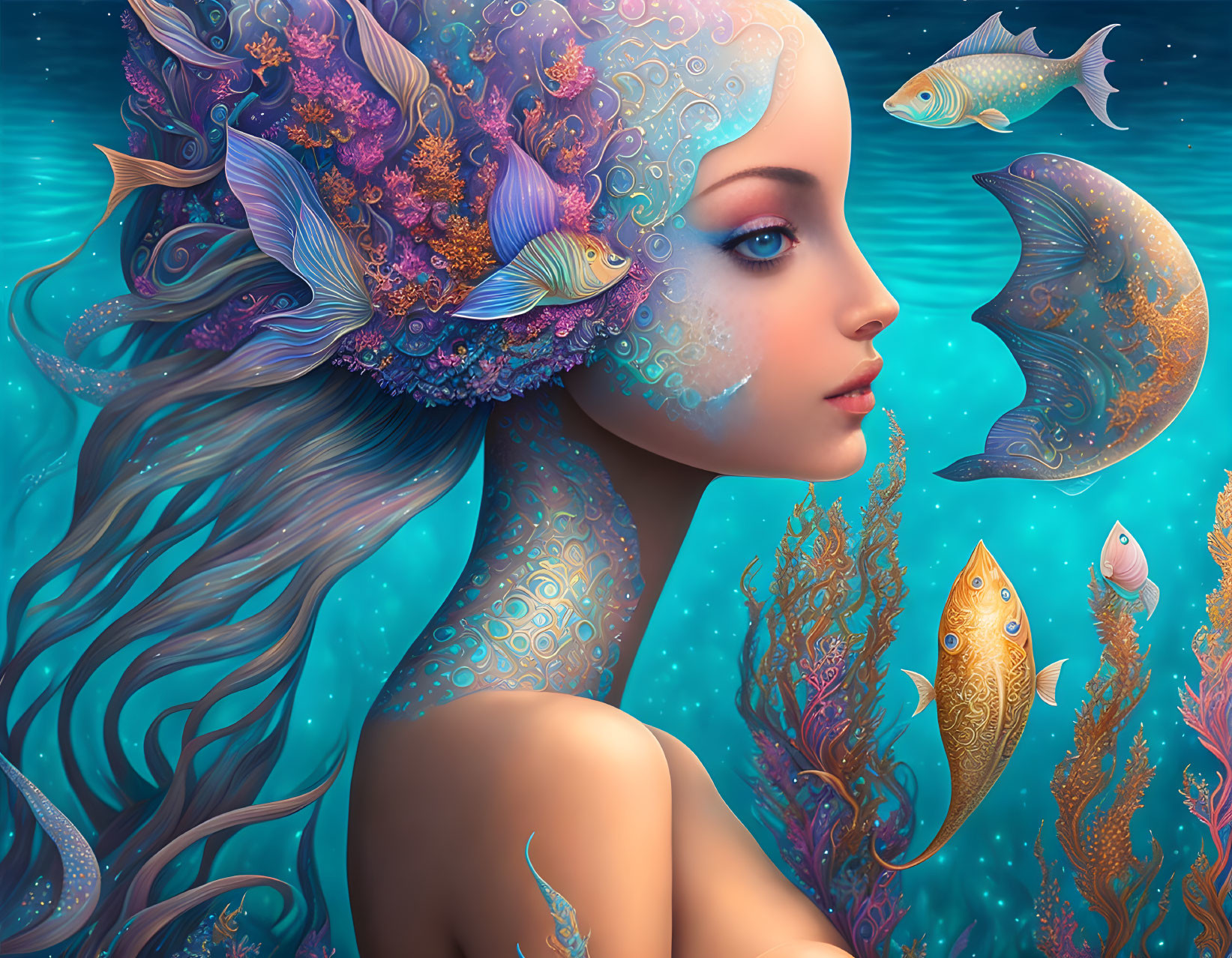 Colorful Mermaid with Ornate Headpiece Swimming Among Coral and Fish