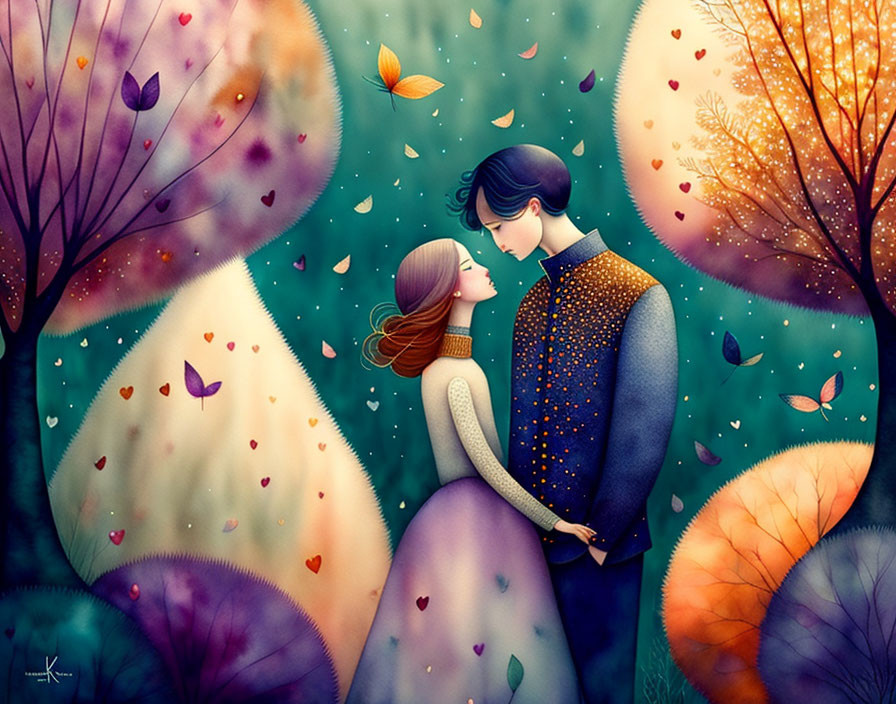 Illustration of embracing couple in whimsical forest setting