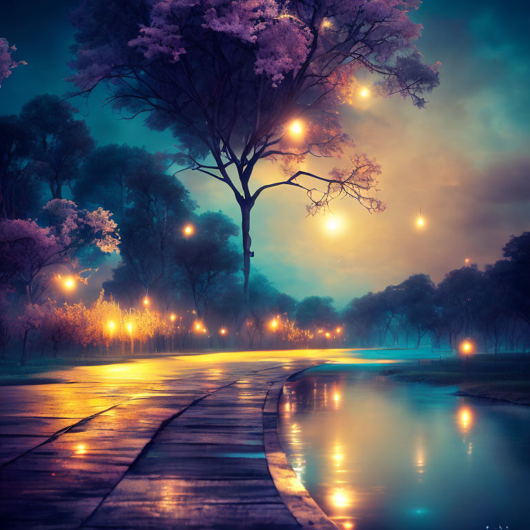 Tranquil nighttime scene with wet pathway and glowing street lamps by water.