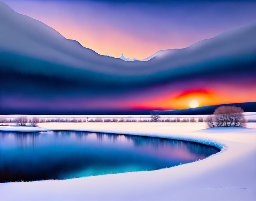 Snow-covered valley at sunrise with pink and purple hues reflecting on a calm lake.