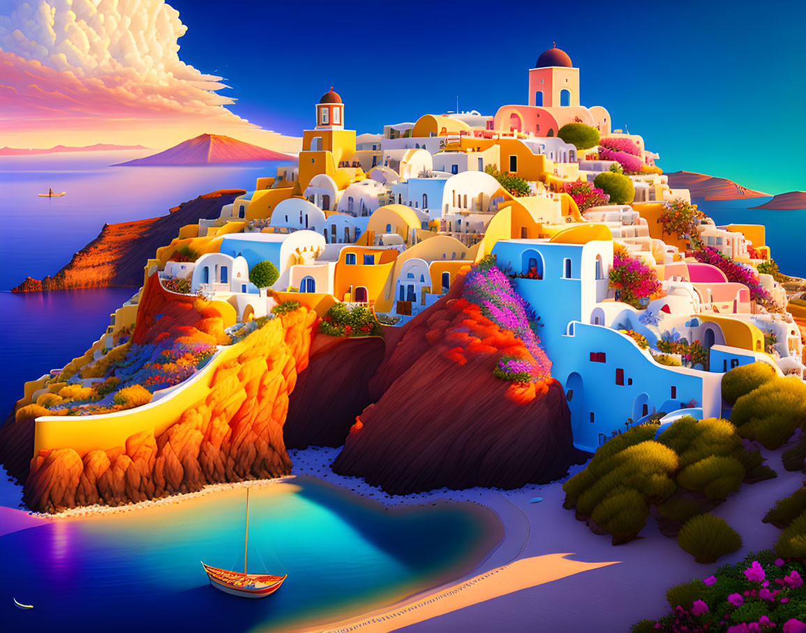 Vibrant digital artwork: Cliffside Mediterranean village, colorful buildings, blooming flowers, serene bay