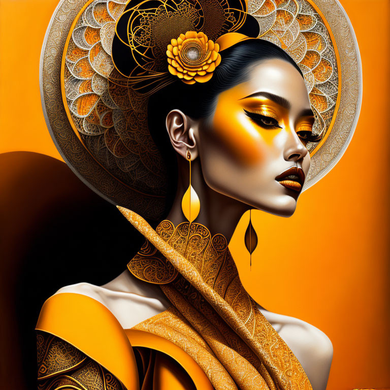 Detailed Woman Illustration with Golden Makeup and Attire on Orange Background