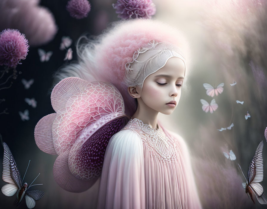 Whimsical headdress girl with butterflies in pastel ambiance