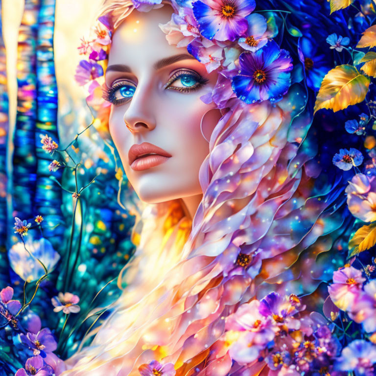 Colorful flower and leaf digital art of woman's face