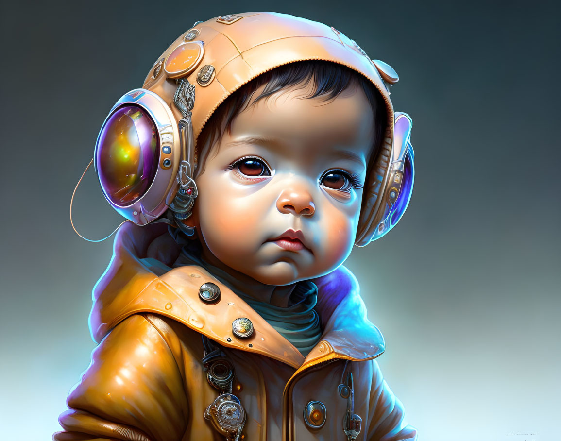 Digital Artwork: Baby in Vintage Pilot Gear with Sci-Fi Twist