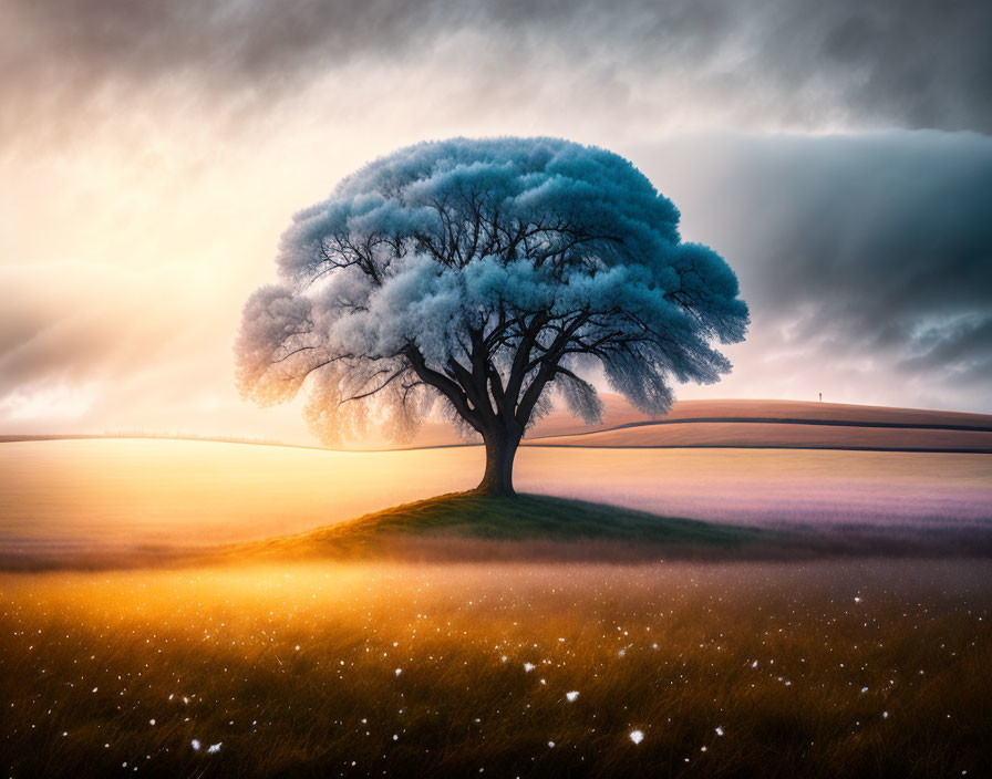 Lush solitary tree in field under dramatic sky with light beams.