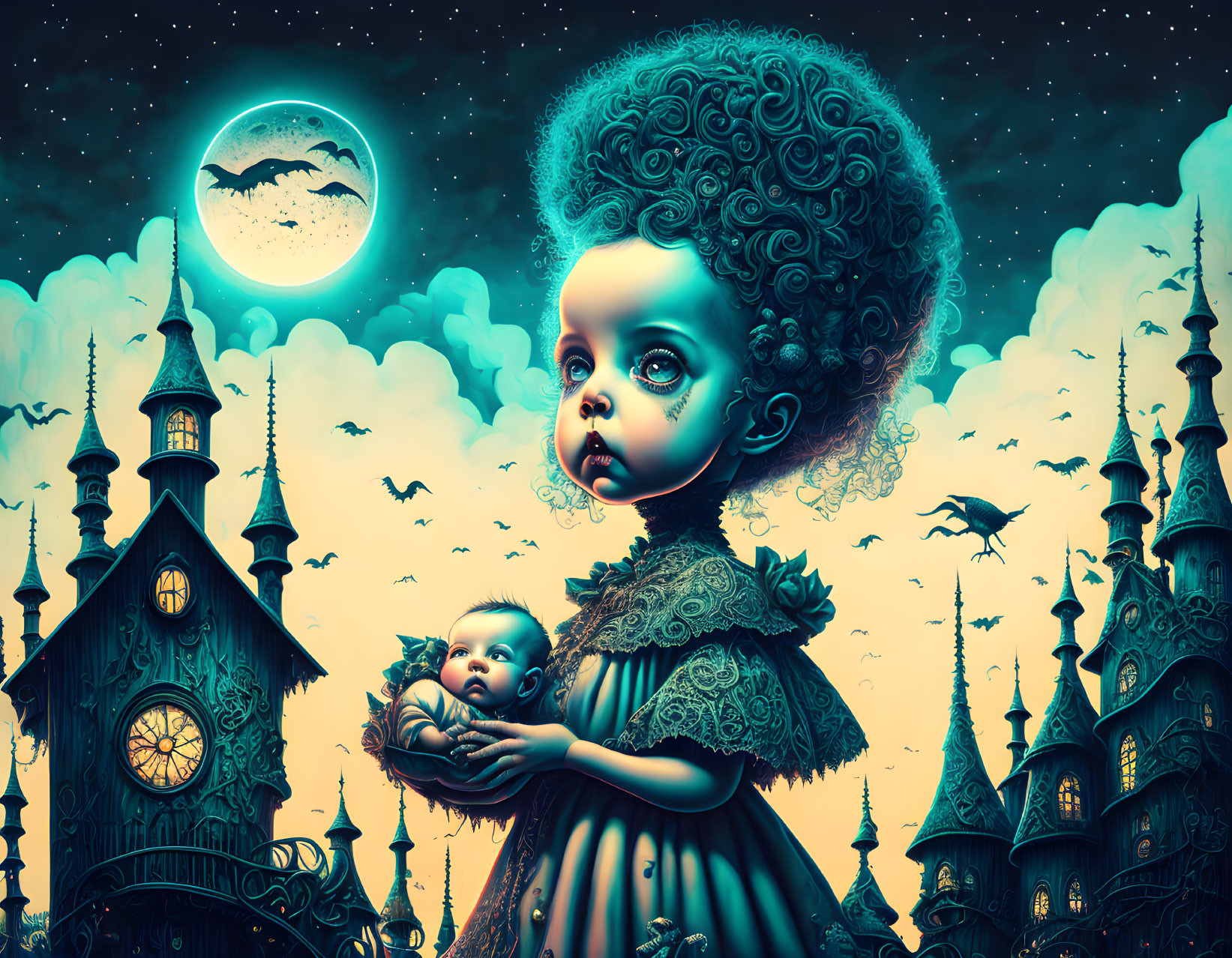 Surreal illustration: large-eyed girl with gothic architecture and moonlit sky.