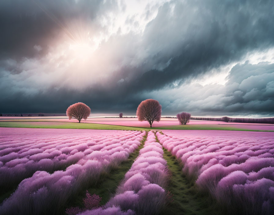 Vibrant purple fields under dramatic sky with two solitary trees and sun rays.