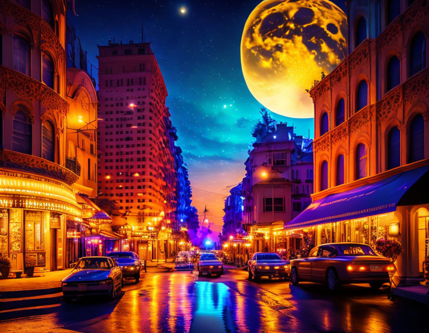 City street night scene with glowing lights, parked cars, and large moon above buildings