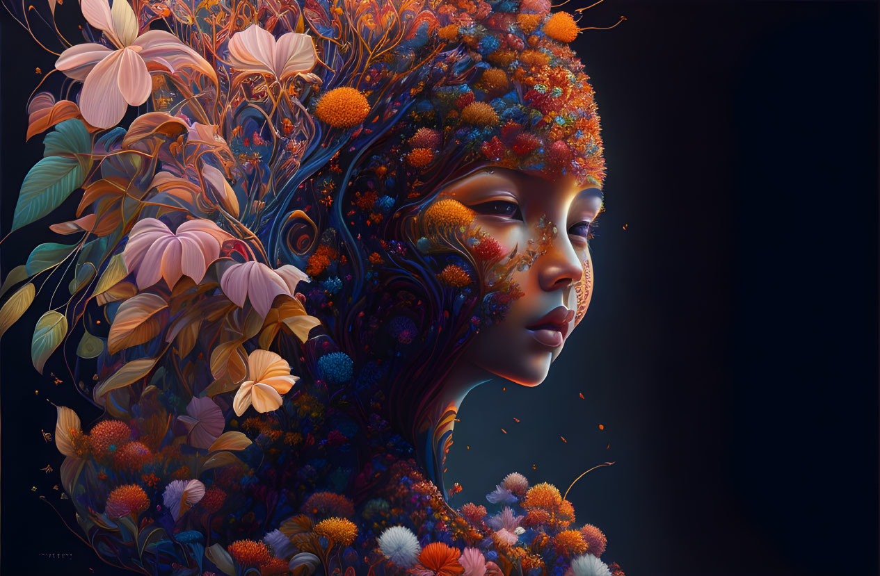 Surreal portrait featuring person with floral head against dark backdrop