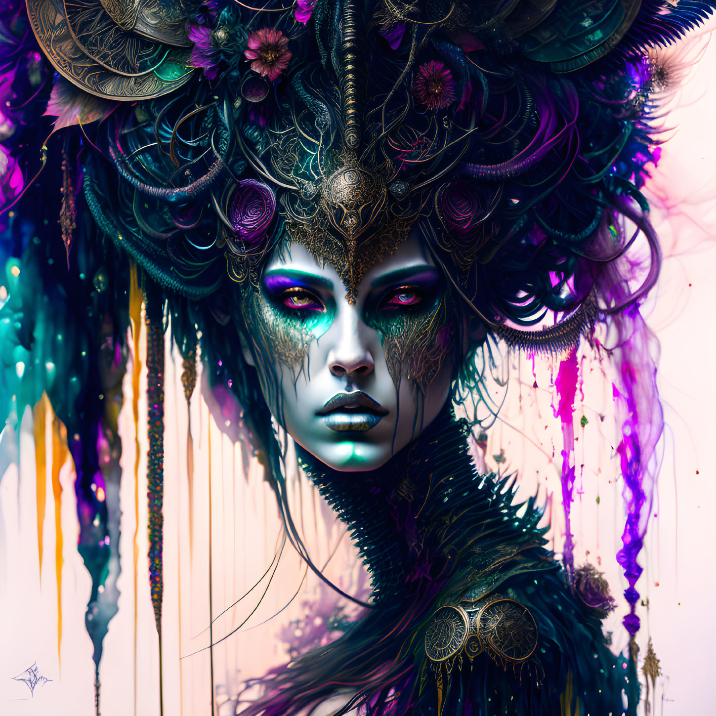 Colorful illustration: Woman with intricate feathered headgear in gold and purple hues, featuring delicate face