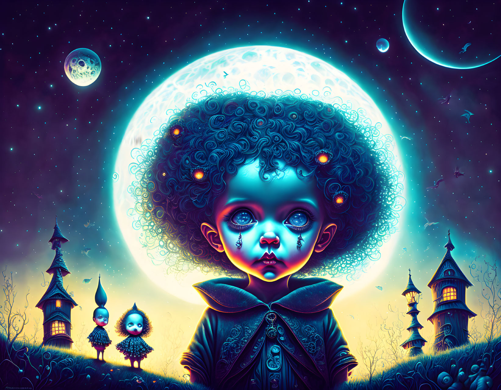 Whimsical digital artwork: Child with curly hair in dreamy night sky