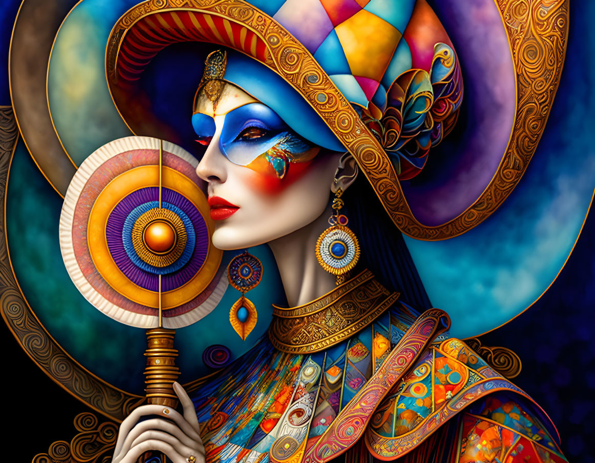 Colorful woman illustration with ornate headdress and fan on dark background