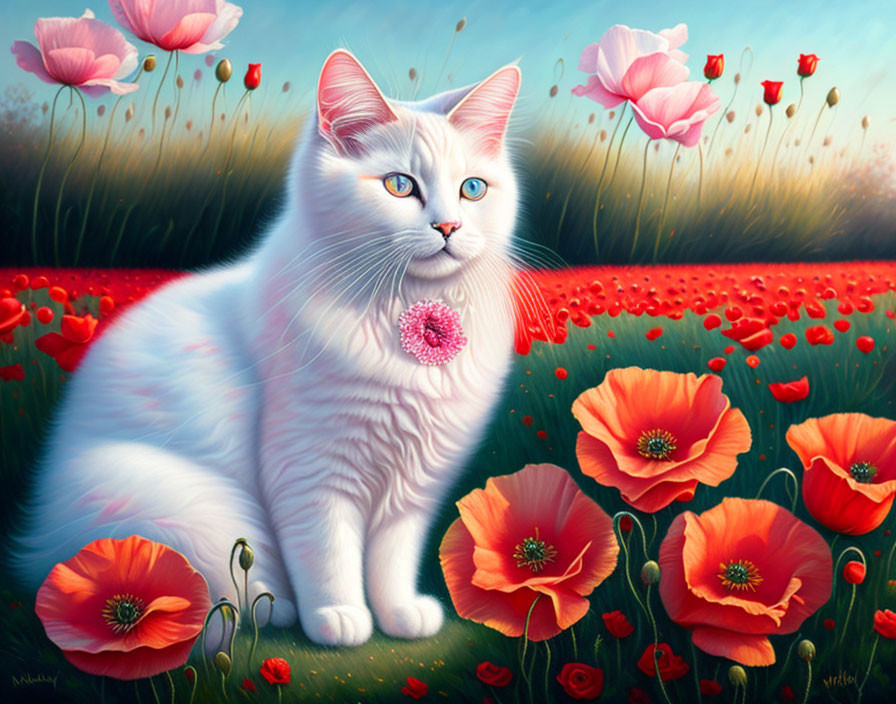 White Cat with Blue Eyes Surrounded by Red Poppies in Field