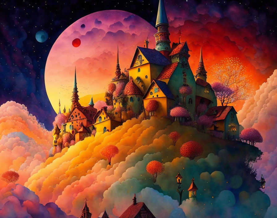 Colorful Fantasy Landscape with Castle, Moon, and Stars