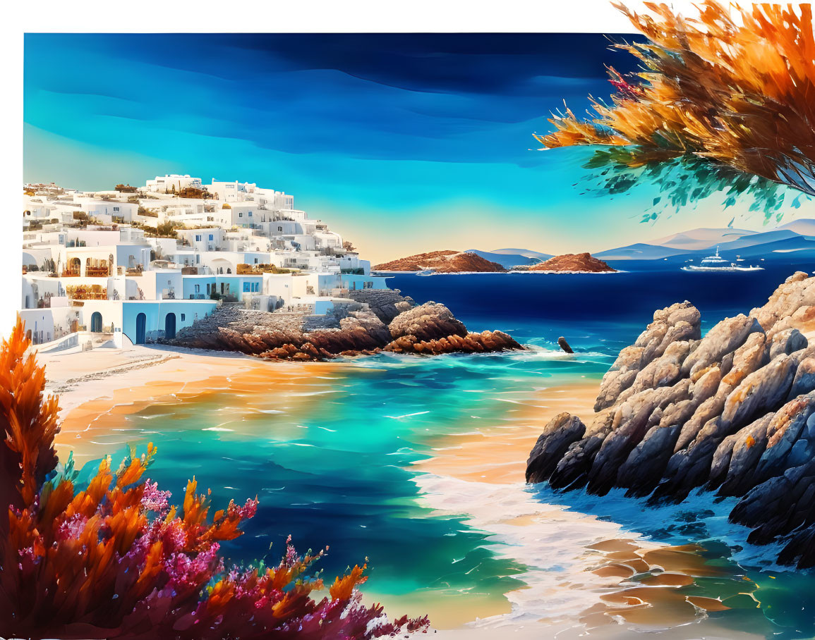 Greek Coastal Village Digital Painting with White Buildings and Yacht