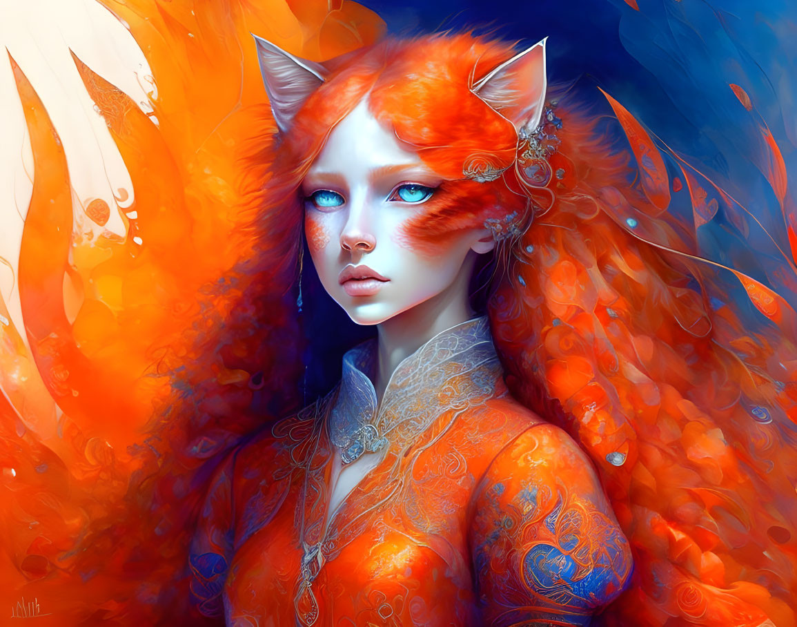 Digital artwork: Female figure with orange hair, fox ears, blue eyes, surrounded by flames