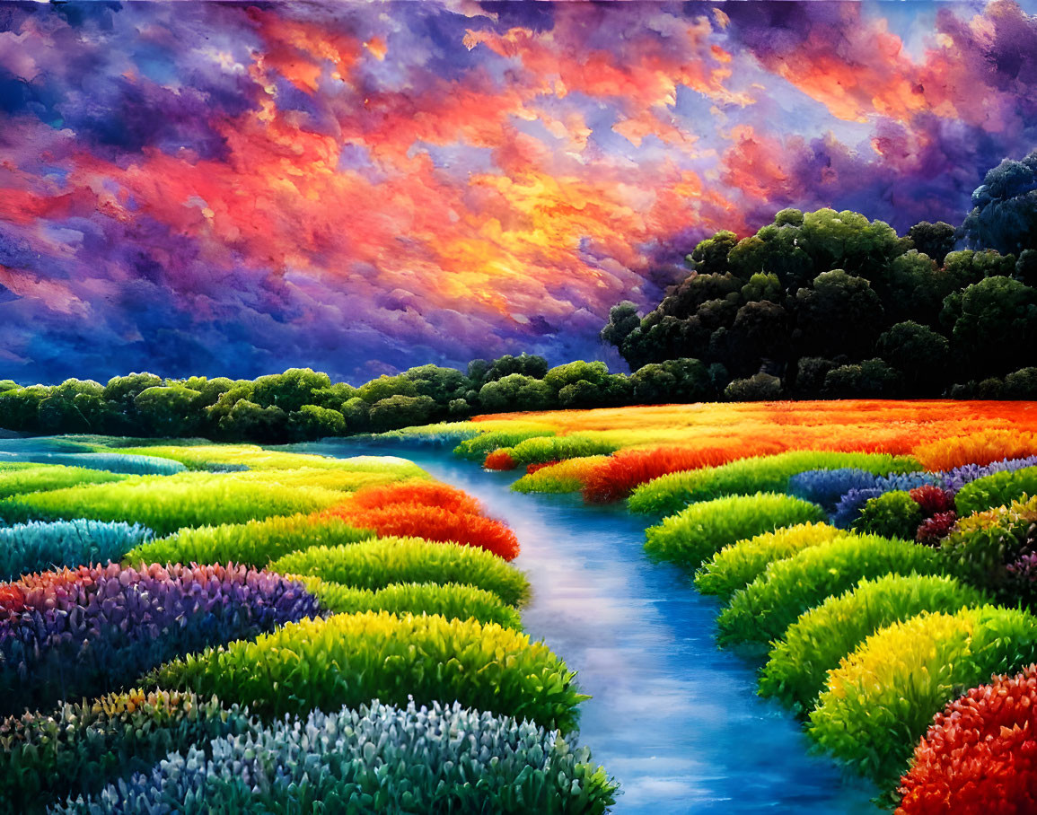 Colorful Flower Fields and River in Sunset Landscape