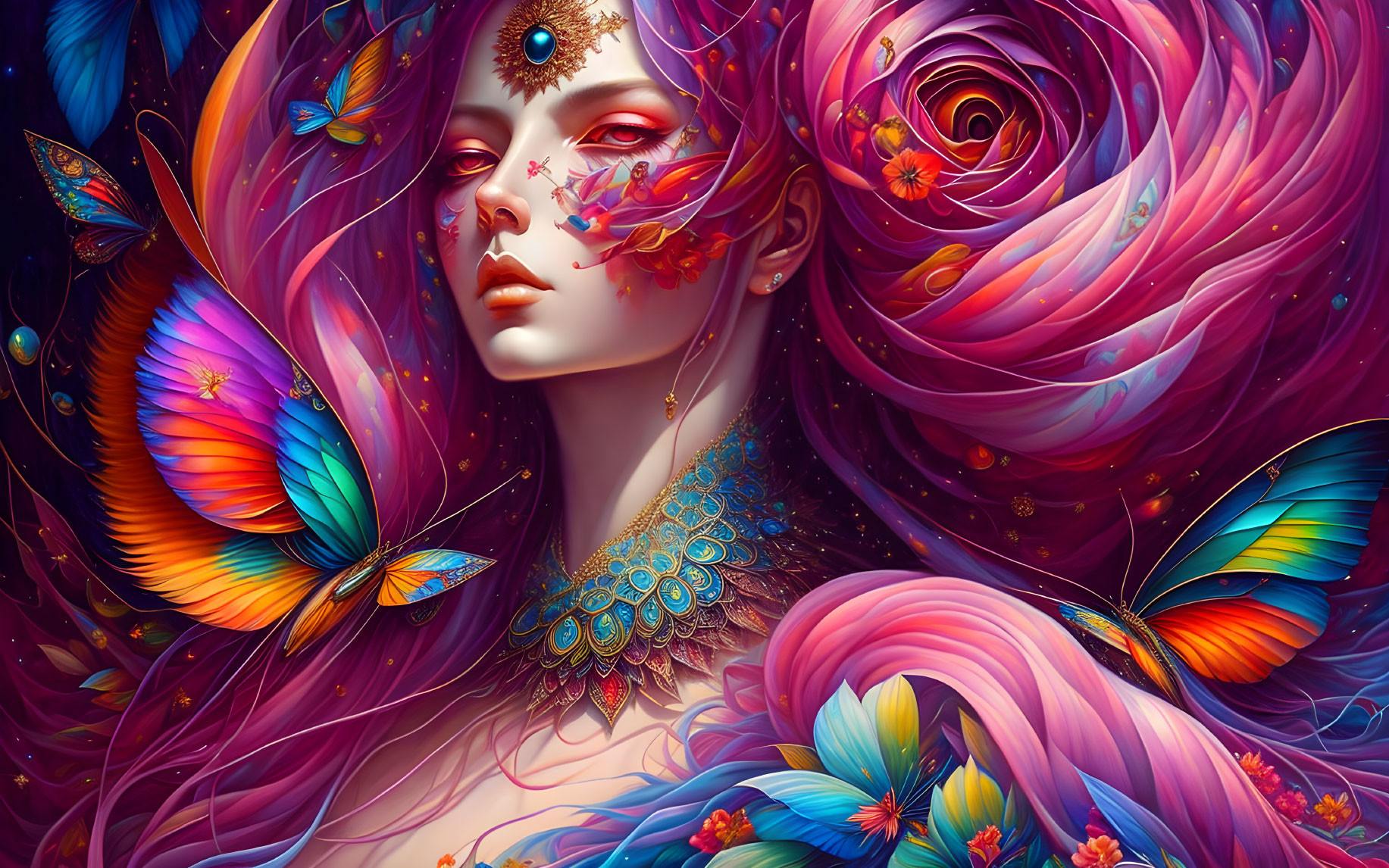 Vibrant digital artwork: Woman with swirling hair, butterflies, flowers, and jewelry on psychedelic backdrop