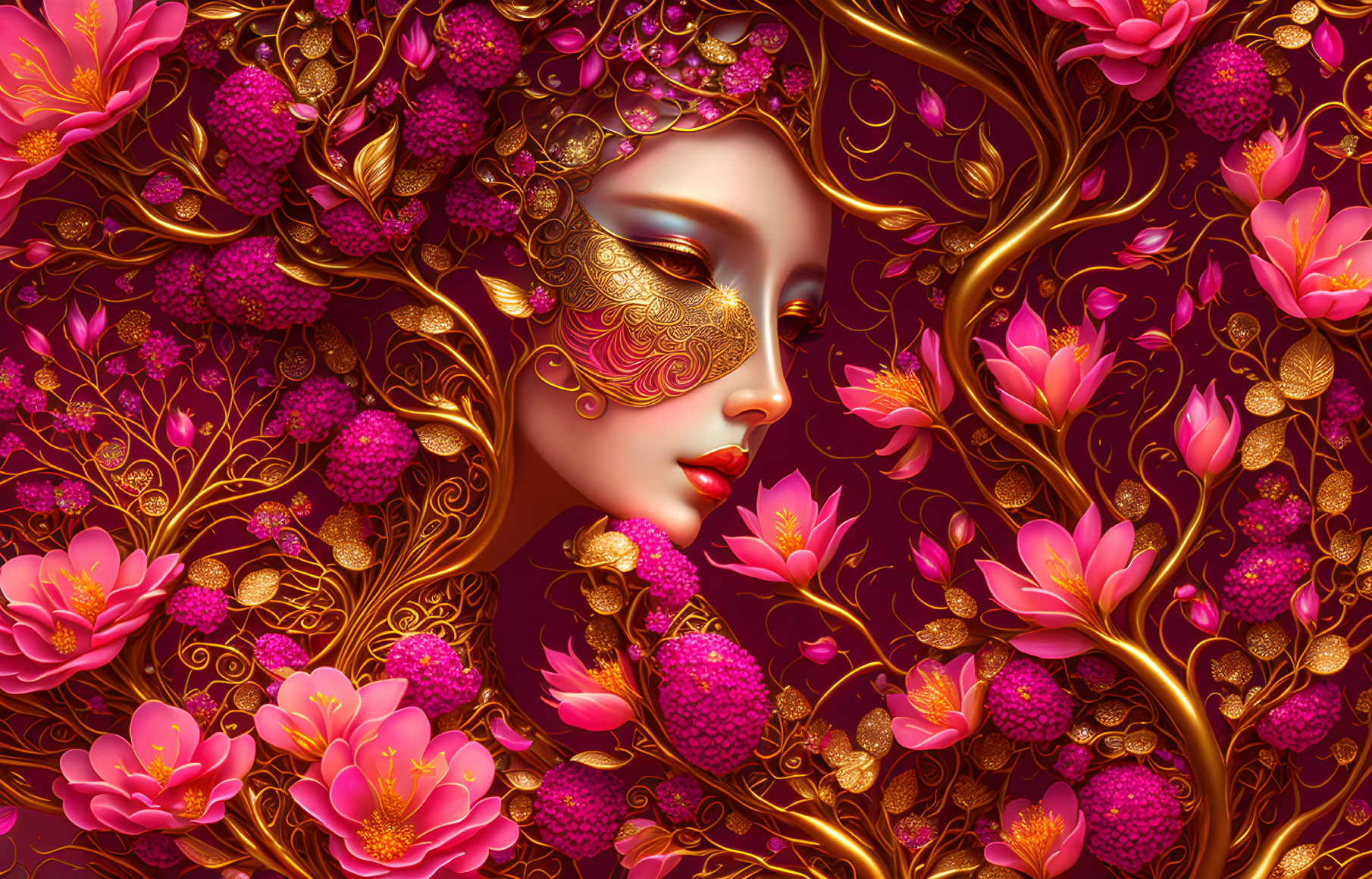 Detailed artwork of feminine figure with golden mask in floral setting