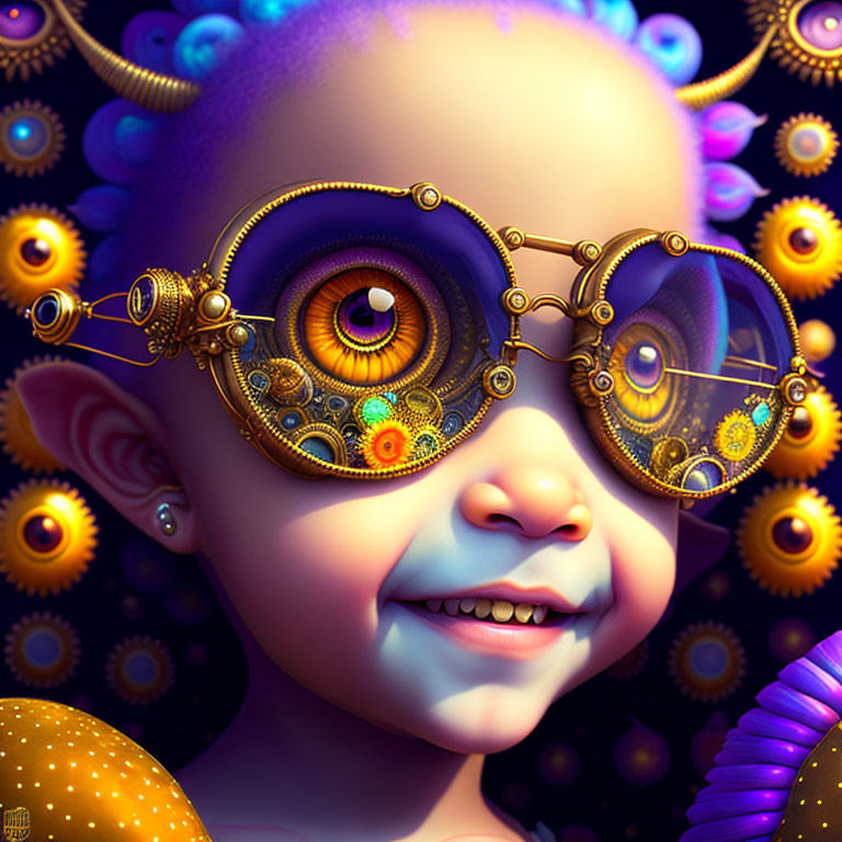 Child with Exaggerated Eyes in Steampunk Glasses and Fractal Patterns