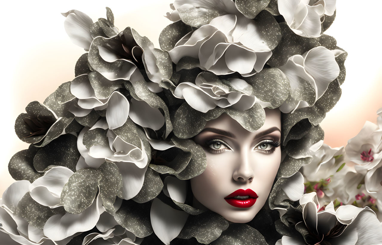 Monochromatic floral hair digital art with colorful lips