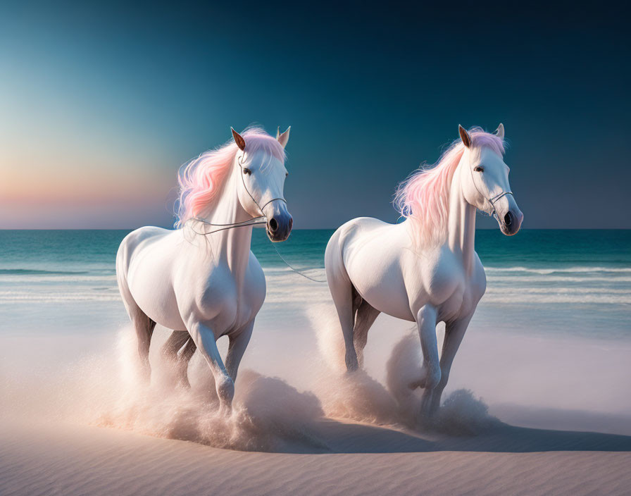 Majestic white horses with pink-tinged manes gallop on beach at sunset