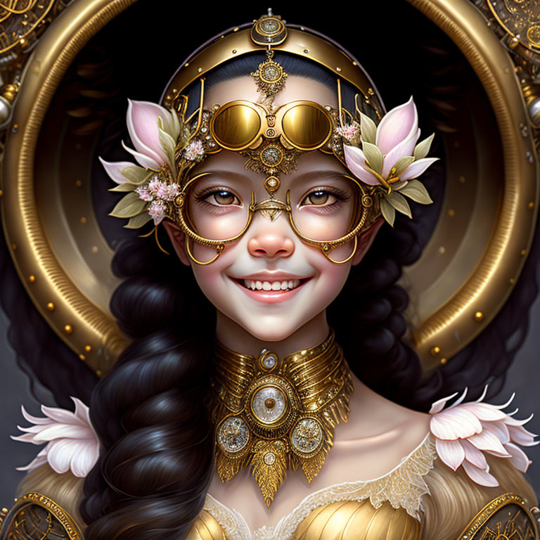 Smiling woman with ornate golden headgear and intricate circular backdrop