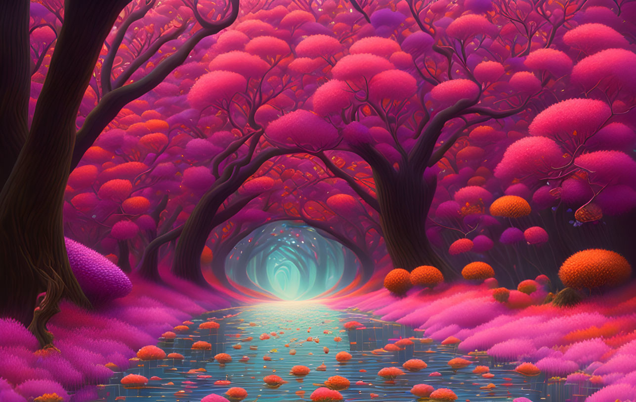 Vibrant pink and purple forest with winding river and bright portal