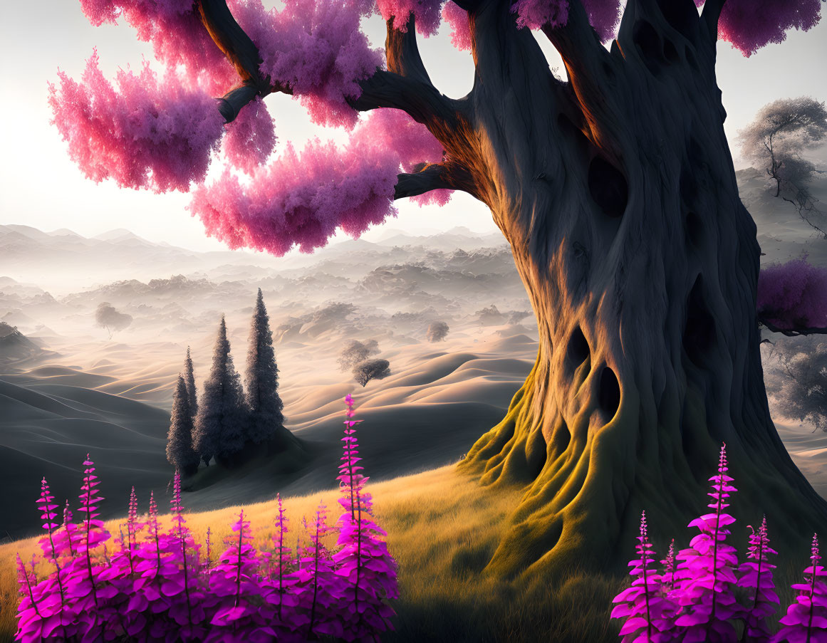 Vibrant pink tree in mystical landscape with hills and purple flowers