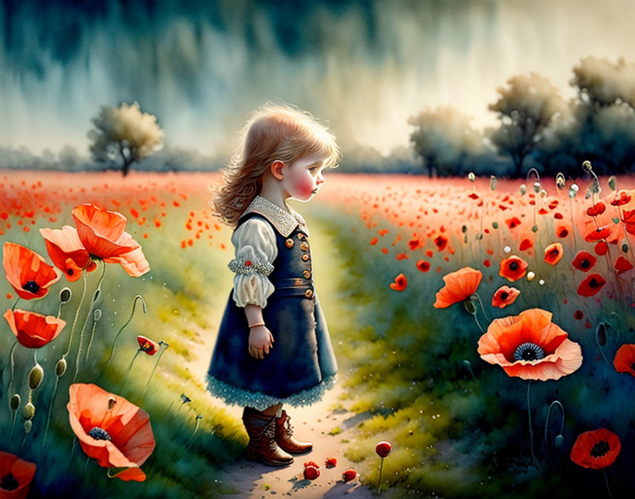 Young girl in vintage dress and boots in poppy field at dusk