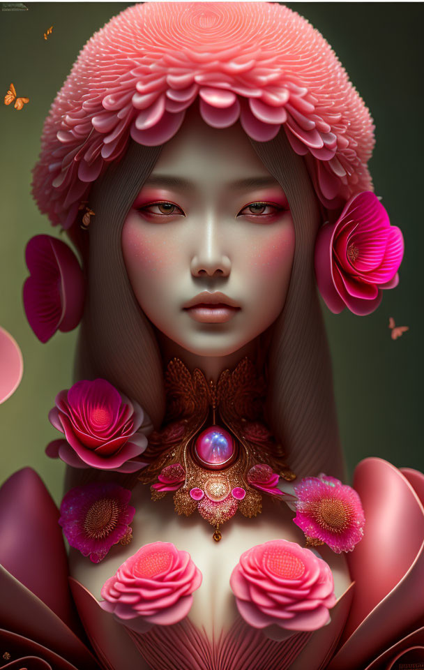 Pink floral and butterfly digital art portrait of a mystical woman with intricate jewelry.