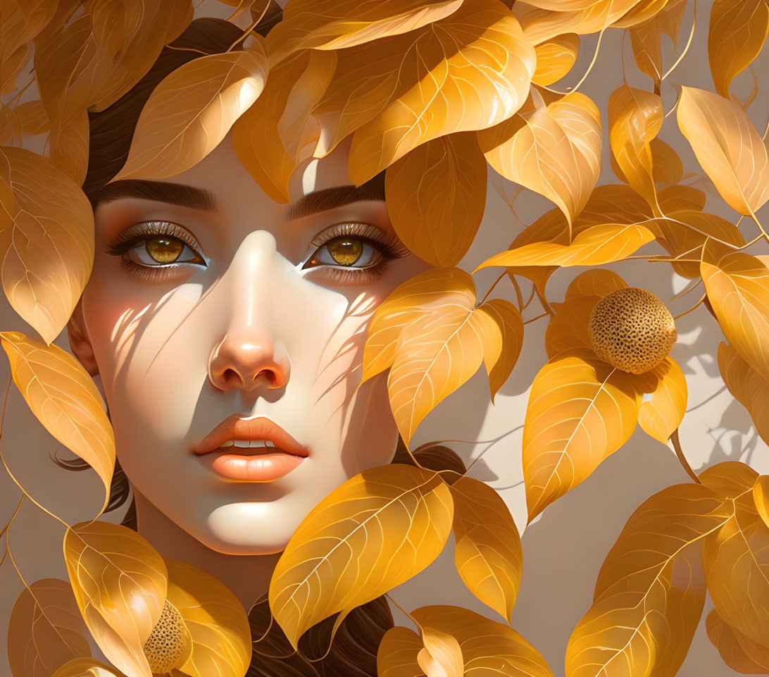 Woman's face digital artwork with golden leaves and seed pods