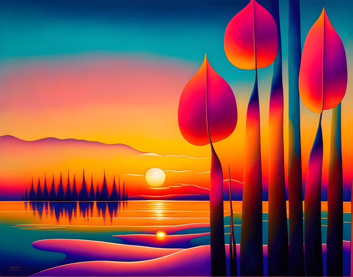 Colorful digital artwork: stylized trees, red foliage, sunset, mountains, lake