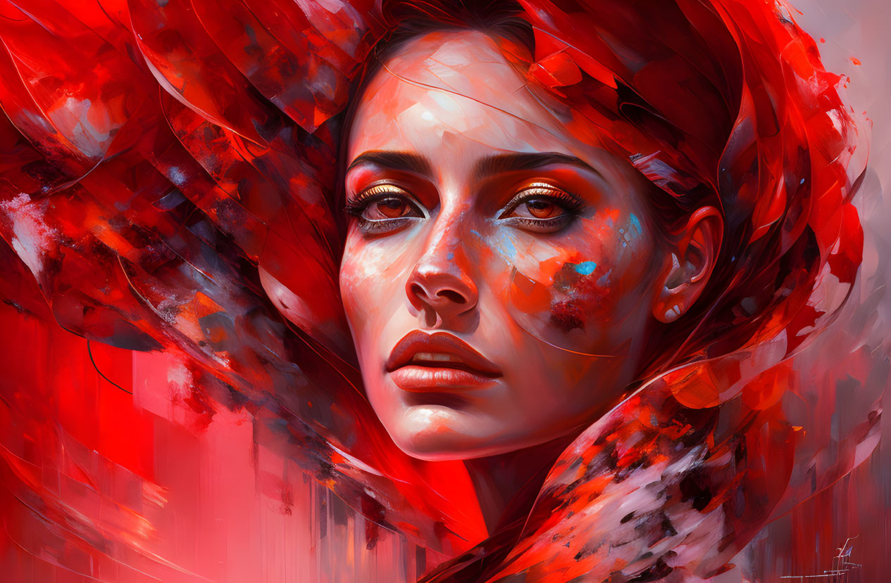 Vivid digital painting of woman with striking eyes and red accents