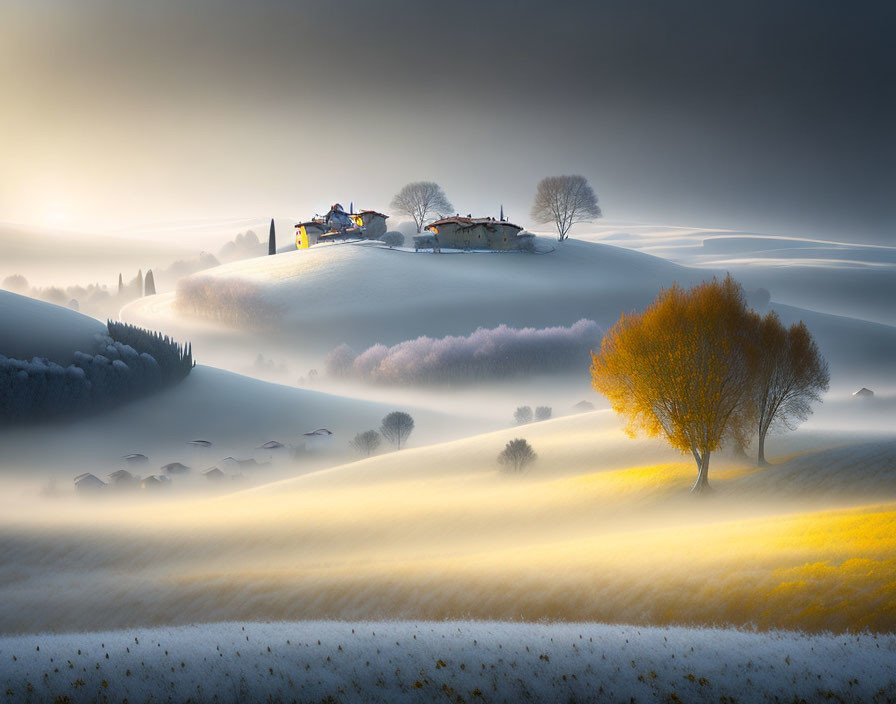 Misty rolling hills, tree with autumn leaves, and distant houses in warm sunlight