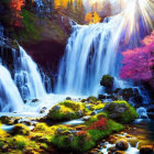 Serene waterfall in vibrant landscape with moss-covered stones