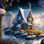 Snowy cottage in serene dusk landscape with starry sky and river