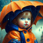 Child in orange raincoat with umbrella in rainstorm.