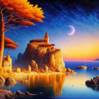 Fantasy house by lake with moon, birds, and heron in twilight scene