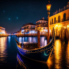 Tranquil night cityscape with boat on calm water