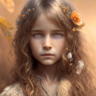 Digital portrait of young girl with green eyes and curly hair in floral headpiece against autumnal backdrop