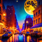 City street night scene with glowing lights, parked cars, and large moon above buildings