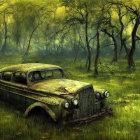 Rusted car abandoned in lush green forest