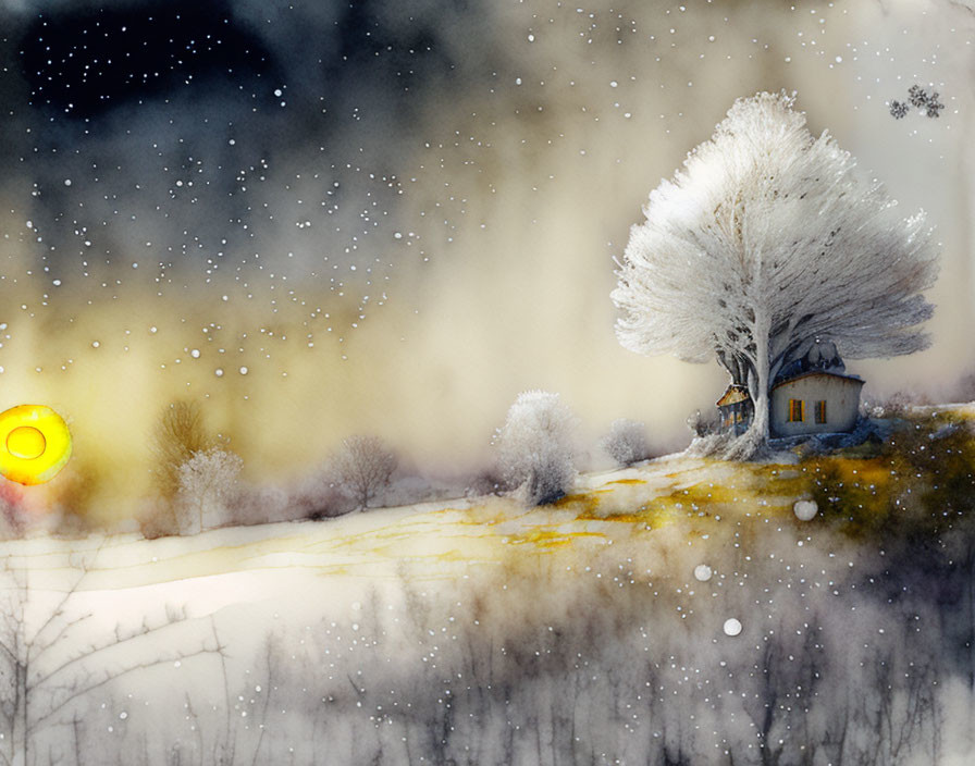 Cozy house under tree in snowy scene with warm light and yellow sky