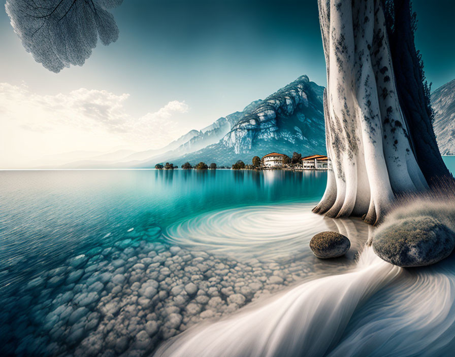 Tranquil lake scene with submerged tree trunk, clear waters, and distant mountains